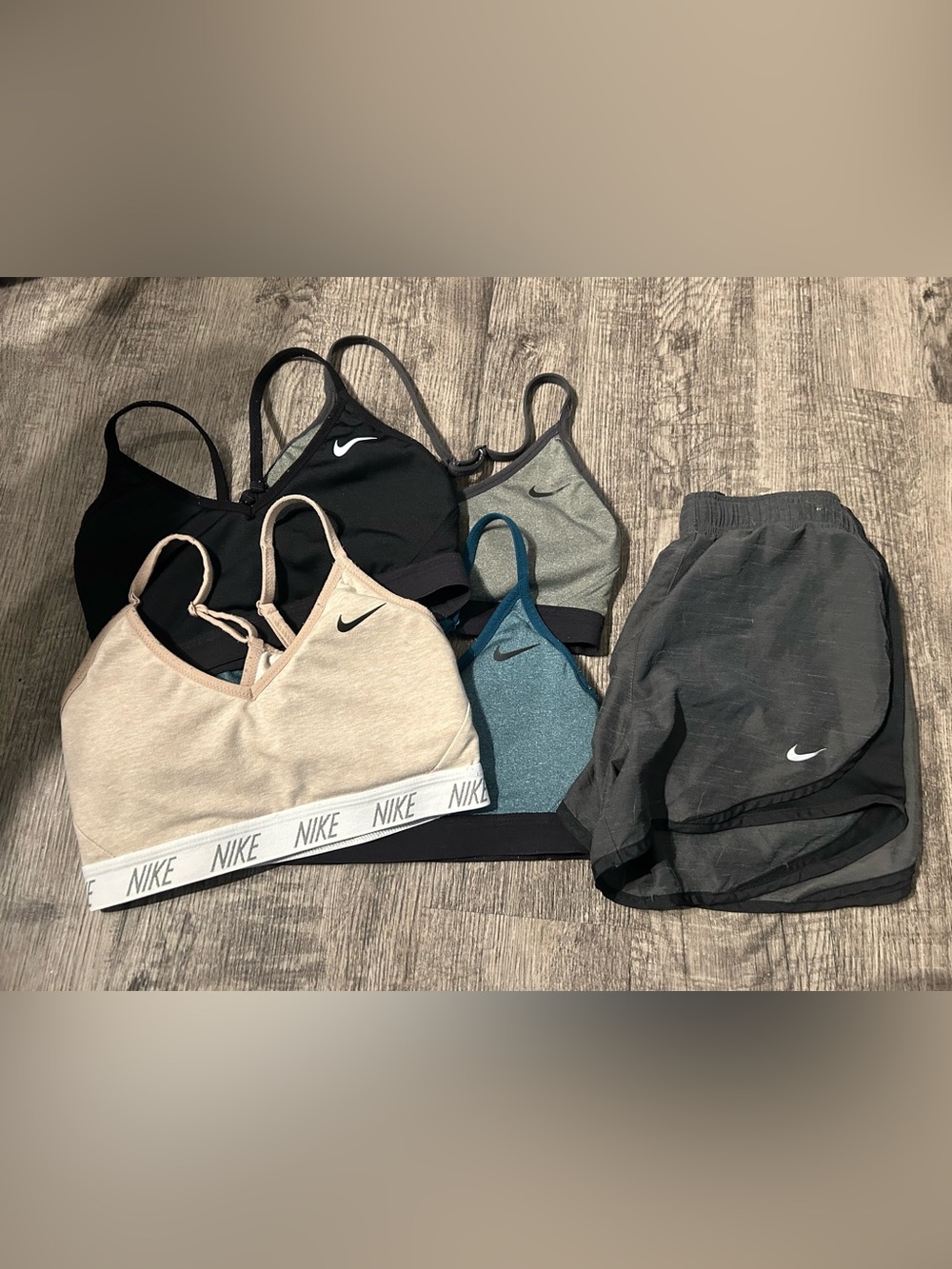 Nike Dri-FIT Bralette Set - Beige, White, Black and pair of shorts